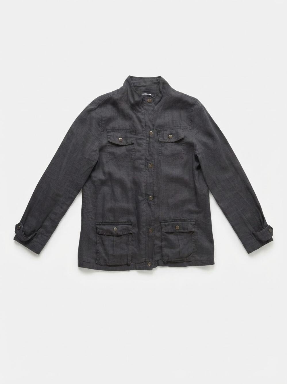 ARTISAN NY Women Black 100% Linen Utility Jacket Size L Cargo Style Travel Layer